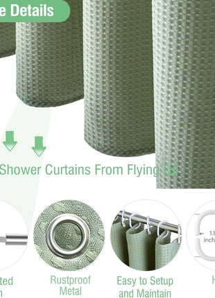 Dynamene Sage Green Shower Curtain - Waffle Textured Heavy Duty Thick Fabric Shower Curtains for Bathroom, 256GSM Luxury Weighted Polyester Cloth Bath Curtain Set with 12 Plastic Hooks,72Wx72H,Green