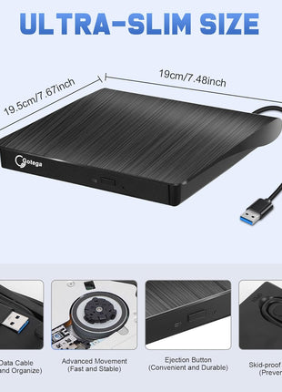 External CD/DVD Drive for Laptop, Portable CD DVD Player, USB 3.0 A, Black | CD ROM burner compatible with Laptop Desktop PC Windows Linux OS Apple Mac record music videos install software backup