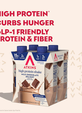 Atkins Milk Chocolate Delight High Protein Shake, 15g Protein, 12 Count | 15g Protein, 3g Fiber, 2g Net Carb, 1g Sugar, Chocolate Flavored, Keto Friendly, Ready to Drink, 12 Count