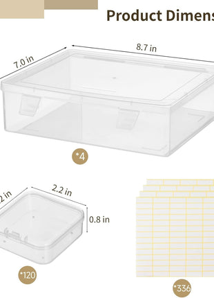 120Pcs Bead Organizer Box, Small Clear Plastic Bead Storage Containers, 4 Craft Storage Boxes with Hinged Lid, 336 Labels, Mini Box for Jewelry Making Bracelets Beading Nails Screws Seeds Small Parts