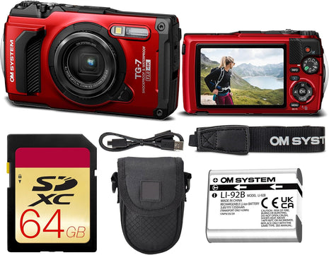 OM SYSTEM Tough TG-7 Digital Camera Bundle (Red) | 12MP BSI CMOS Sensor, f/2 Lens, 4K Video, Waterproof, Shockproof & Freezeproof | Great for Outdoors & Underwater (V110030RU000) + 64GB Card + Case
