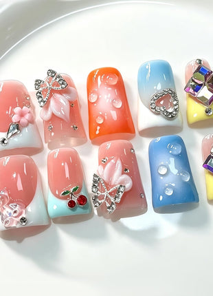 RIICFDD French Press on Nails Orange 5D Flower Art Handmade Duck Nails