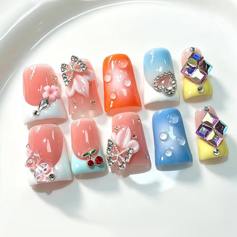 RIICFDD French Press on Nails Orange 5D Flower Art Handmade Duck Nails