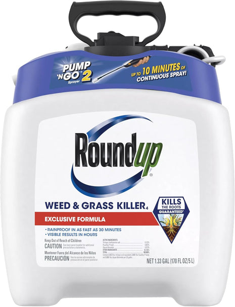 Roundup Weed and Grass Killer4 with Pump 'N Go 2 Sprayer, Use in and Around Flower Beds, Trees & More, 1.33 gal.