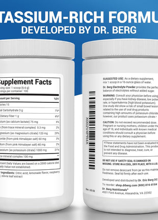 Dr. Berg Zero Sugar Hydration Keto Electrolyte Powder - Enhanced w/ 1000 mg of Potassium & Real Pink Himalayan Salt (NOT Table Salt) - Raspberry & Lemon Flavor Hydration Drink Supplement, 100 Servings