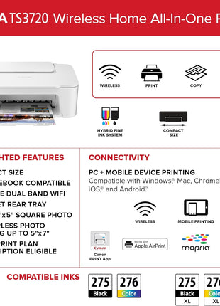 Canon PIXMA TS3720 Wireless All-in-One Printer for Basic Home Printing, White