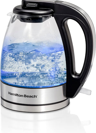 Hamilton Beach 1 Liter Electric Tea Kettle, Water Boiler & Heater | Fast Boiling 1500 Watts | BPA Free | Cordless Serving | Auto-Shutoff & Boil-Dry Protection | Blue LED | Clear Glass