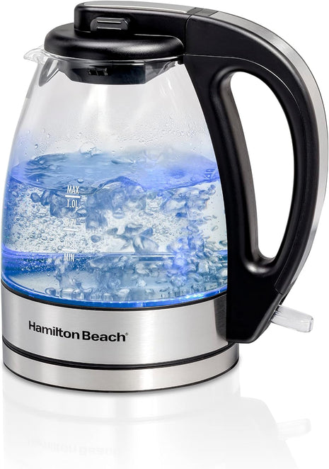 Hamilton Beach 1 Liter Electric Tea Kettle, Water Boiler & Heater | Fast Boiling 1500 Watts | BPA Free | Cordless Serving | Auto-Shutoff & Boil-Dry Protection | Blue LED | Clear Glass