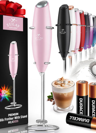 Zulay Kitchen Powerful Milk Frother Wand With Duracell Batteries - Ultra Fast Handheld Drink Mixer - Electric Whisk Foam Maker for Coffee, Lattes, Cappuccino & Matcha - Z1 Motor - Cotton Candy