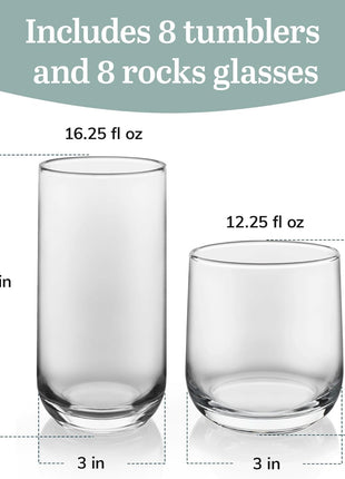 Libbey Ascent Tumbler & Rocks Drinking Glasses Set of 16, Clear Glass Cups | 16.25 oz & 12.25 oz Capacities Glasses for Water, Juice, Cocktails, and More with Curved Design and Dishwasher-Safe Care