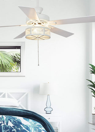 RIVER OF GOODS Alabaster LED Mesh Caged Ceiling Fan - 52" L X 52" W - White/Oak Wood-Grain Blades