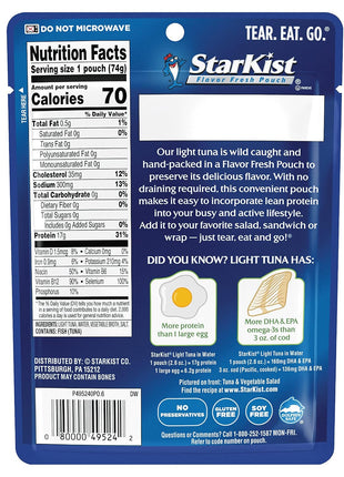 StarKist Chunk Light Tuna in Water, 2.6 oz Pouch (10 Pack) Ready to Eat Wild Caught Tuna, 17g Protein, 70 Calories Per Serving, Gluten Free, Soy Free, Kosher, Perfect for Salads, Keto Meals and Snacks