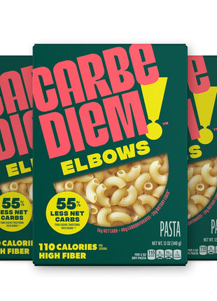 Carbe Diem!, Elbows, Lower Net Carb Pasta with Traditional Flavor & Texture, 8 grams of Protein, 55% Fewer Net Carbs & Only 110 Calories Per Serving, Pack of 3