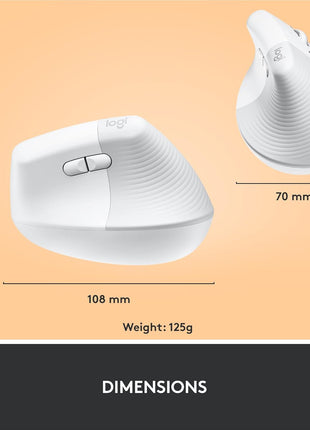Logitech Lift Vertical Ergonomic Wireless Mouse - Off White | Connect via Bluetooth or included Logi Bolt USB-A receiver, quiet clicks, 4 of 6 buttons customizable, Windows Mac compatible