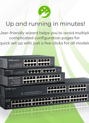 Zyxel 16 Port Ethernet Switch | Smart Managed Gigabit Network Switch | 16x GbE RJ-45 Ports | 32 Gbps Switching Capacity | Wall or Rack Mount, Mounting Kits Included | Fanless | GS1900-16