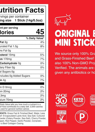Chomps Snack Size Grass-Fed Original Beef Jerky Snack Sticks 0.5oz 24-Pack - Keto, Paleo, Whole30, 4g Lean Meat Protein, Gluten-Free, Zero Sugar Food, Non-GMO Chomplings