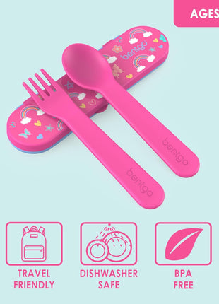 Bentgo Kids Plastic Utensil Set with Fork, Spoon, & Storage Case | Reusable, PFAS- & BPA-Free, Easy-Grip Handles, Lightweight, Dishwasher Safe, School, Travel & On-the-Go (Rainbows)