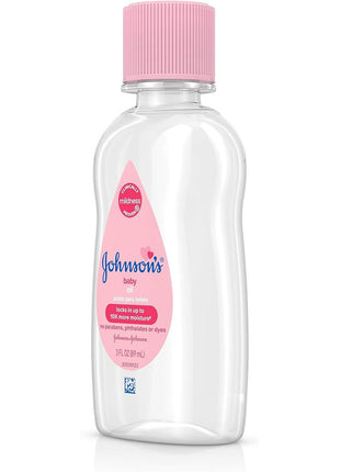 Johnson's Baby Oil, Pure Mineral Oil to Prevent Moisture Loss for Newborn, Kids, & Adults, Gentle, Soothing Baby Massage Oil, Dry Skin Relief, Hypoallergenic, Original Scent, Baby Essentials, 3 fl. oz