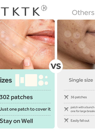 TKTK Large Pimple Patches for Face, 7 Sizes XL Acne Patches, Big Hydrocolloid Bandages for Body, Chin, Forehead, Chest, Back Zit Breakouts, Hydrocolloid Patch (Strip, Square, Dot 302 Count)