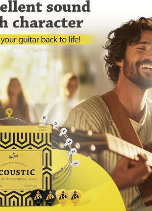 BELFORT® quality acoustic guitar strings - 6 string set - Premium coating with Phosphor Bronze (guitar strings acoustic 6 string set) BONUS: 4 Picks + 1 High E String - cuerdas para guitarra acustica