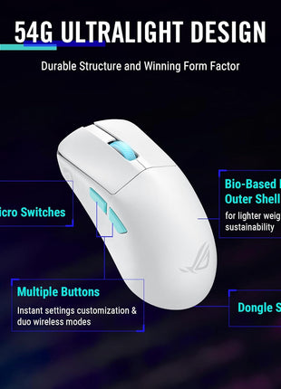 ASUS ROG Harpe Ace Aim Lab Wireless Esports Gaming Mouse Aim Lab Settings Optimizer, Pro-Tested, Right-Handed, 54g Lightweight, Tri-Mode Connectivity, 36K DPI, 90Hr Battery, PC/Mac Support - White