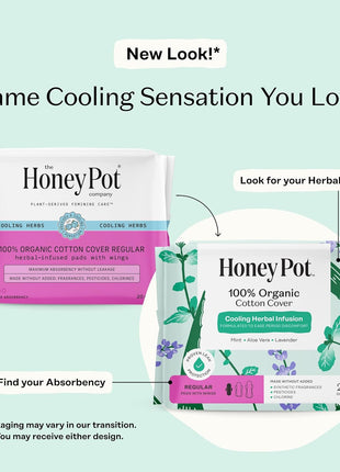 The Honey Pot Company   Herbal Sanitary Pads for Women   Regular Flow w/Wings   Infused w/Essential Oils for Cooling Effect & Organic Cotton Cover   Feminine Care   20 ct