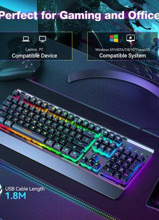 TECKNET Wired Gaming Keyboard, USB Wired Computer Keyboard, 15-Zone RGB Illumination, IP32 Water Resistance, 25 Anti-ghosting Keys, All-Metal Panel (Whisper Quiet Design)