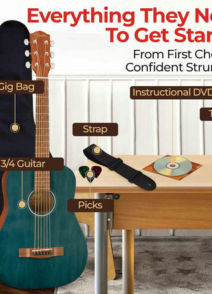 Fender FA 15 3/4 Scale Kids Steel String Acoustic Guitar   Blue Learn to Play Bundle with Gig Bag, Strap, Picks, Fender Play Online Lessons, and Austin Bazaar Instructional DVD