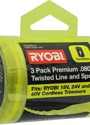 Ryobi One PLUS+ AC80RL3 OEM .080 Inch Twisted Line and Spool Replacement for Ryobi 18v, 24v, and 40v Cordless Trimmers (3 Pack)