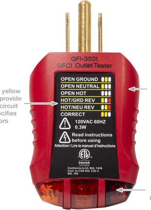 Gardner Bender GFI-3501 Ground Fault Receptacle Tester & Circuit Analyzer, 110-125V AC, for GFCI / Standard / Extension Cords & More, 7 Visual LED Tests , Red