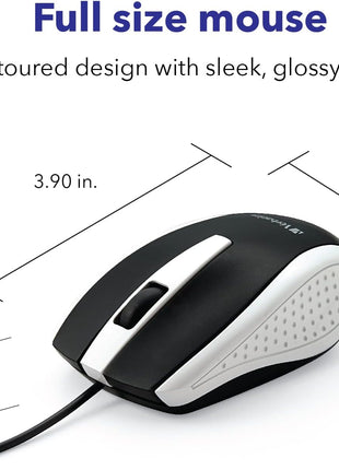 Verbatim Wired USB Computer Mouse - Corded USB Mouse for Laptops and PCs - Right or Left Hand Use, White 99740, 1.4" x 2.4" x 3.9"