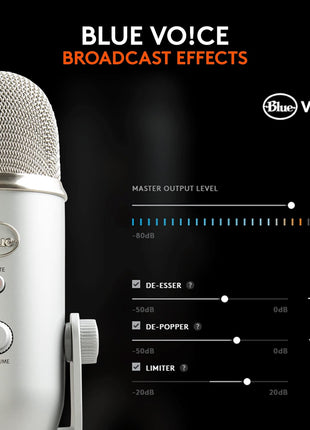 Logitech Creators Blue Yeti USB Microphone for PC, Mac, Gaming, Recording, Streaming, Podcasting, Studio and Computer Condenser Mic with Blue VO!CE Effects, 4 Pickup Patterns, Plug and Play - Silver
