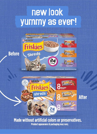 Purina Friskies Gravy Wet Cat Food Variety Pack, Shreds With Beef, With Chicken, and Turkey and Cheese Dinner - (Pack of 24) 5.5 oz. Cans
