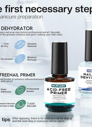 Morovan Professional Natural Nail Prep Dehydrate and Acid-Free Primer, Dehydrator for Acrylic and Gel Nail Polish, Non Acid Primer for UV Gels Fast Dry Superior Bonding Agent Gift Box Set