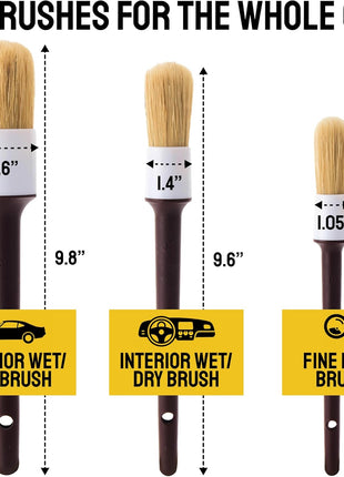 Car Detailing Brush Set 3-pc - Scratch-Free Boars Hair for Interior and Exterior Work - Pro Quality Car Cleaning Brush Kit for Leather Seats, Dashboards, Wheels, Grills and Paint