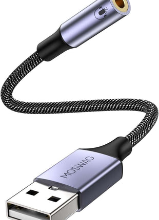 MOSWAG USB to 3.5mm Jack Audio Adapter 0.65Feet/20cm, External Sound Card Support Mic TRRS Headset with 3.5mm Aux Stereo Converter Compatible with Windows, PC, Laptop, Mac, Linux, Desktops, PS4