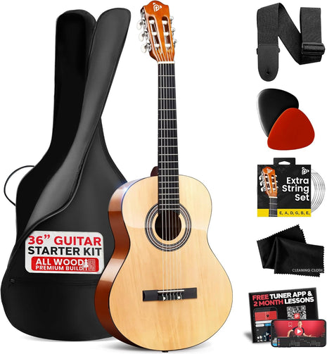 Pyle Beginner Acoustic Guitar Kit, 3/4 Junior Size All Wood Instrument with Full Accessory Kit, Picks, Shoulder Strap, Carry Case, Cleaning Cloth, Tuner App, 2 Month Lessons, 36"