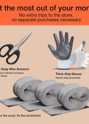 MaPorch Steel Wool Mouse Hole Filler - 3 Pack, 3.2 in x 7.5 ft - Metal Mesh Gap Filler for Walls & Pipes - DIY Kit with Gloves & Scissors - Mouse Prevention Rat Wire Mesh