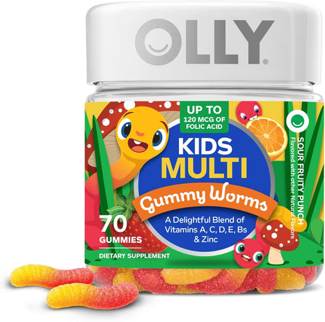 OLLY Kids Multivitamin Gummy, Overall Health and Immune Support,* Vitamins and Minerals A, C, D, E, Bs and Zinc, Kids Chewable Supplement, Sour Fruity Punch Flavored, 70 or 35 Day Supply - 70 Count