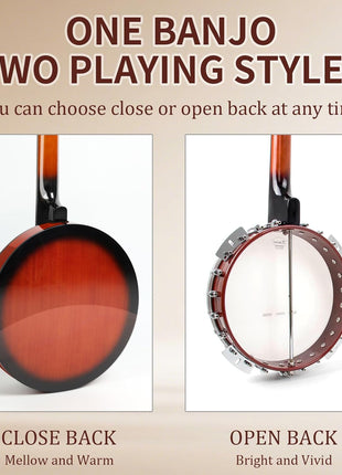 Kmise Banjo 5 String Banjos,Full Size 38 Inch Open or Closed Back | with Resonator, Bridge, Strings Pack, Finger Picks, Strap, Case, Tuner Accessories Set Gift Choice for Adults Beginner