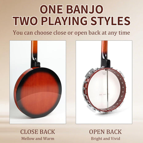 Kmise Banjo 5 String Banjos,Full Size 38 Inch Open or Closed Back | with Resonator, Bridge, Strings Pack, Finger Picks, Strap, Case, Tuner Accessories Set Gift Choice for Adults Beginner