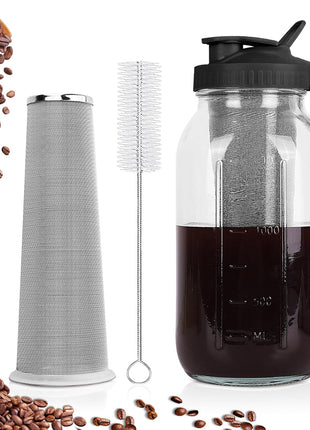 Cold Brew Coffee Maker,64 oz Mason Jar Pitcher with Stainless Steel Filter, Pour Spout Handle Lid, Heavy Duty Glass Airtight & Leak-Proof for Iced Coffee,Tea & Lemonade