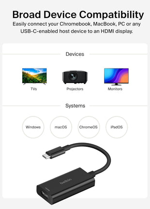 Belkin USB-C to HDMI 2.1 Adapter, Tethered 4.33in Cable w/ 8K @ 60Hz, 4K @ 144Hz, HDR, HBR3, DSC, HDCP 2.2, USB-IF - Works w/Chromebook, Certified for MacBook, iPad Pro, & Other USB-C Devices - Black