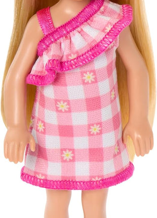 Barbie Chelsea Doll, Small Doll Wearing Removable Checked Dress & Pink Shoes with Blonde Hair & Blue Eyes