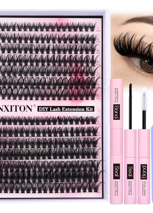 FANXITON DIY Lash Extension Kit Volume Lash Clusters 40D+50D D Curvature Individual Lashes Lash Clusters Kit Thick Eyelash Extension Kit 280 pcs Thin Band Cluster Lashes Lash Bond and Seal Tweezers