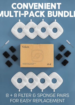 Veken Cat Water Fountain Filters, 8 Pack Replacement Filters & 8 Pack Replacement Pre-Filter Sponges Set for 50oz, 84oz, 95oz or 108oz Automatic Pet Fountain Dog Water Dispenser