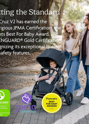 UPPAbaby Cruz V2 Stroller/Full-Featured Stroller with Travel System Capabilities/Toddler Seat, Bumper Bar, Bug Shield, Rain Shield Included/Greyson (Charcoal Mélange/Carbon Frame/Saddle Leather)