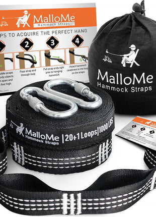 MalloMe XL Hammock Straps for Trees - Hammock Tree Straps Set 2000+ LBS Heavy Duty 40 Loops & 100% No Stretch Suspension System Kit - Camping Hammocks Accessories | 2 Carabiners | 12 Feet Black