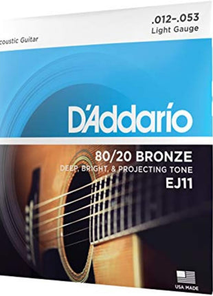 D'Addario EJ11 80/20 Bronze Acoustic Guitar Strings, Light 12-53 | Bright, projecting 80/20 bronze acoustic guitar strings deliver crisp tone, reliable performance, and comfortable playability