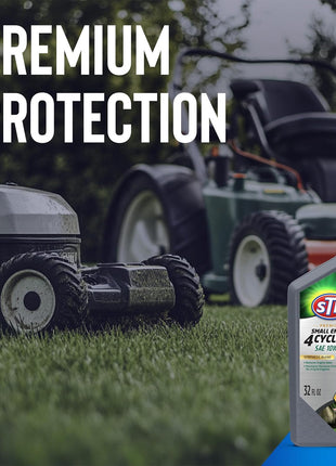 STP Premium Small Engine 4 Cycle Oil Formula, SAE10W-30 Small Engine Oil Engine Care Formula Reduces Wear for Lawnmower, Push Mower, Tractor, 32 Oz, STP